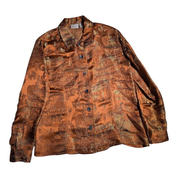 Vtg 1990s Chico's Bronze Brown Gold Brocade Satin Button Up Collared Blouse 1 M - Picture 1 of 5
